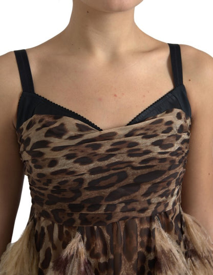 Dolce & Gabbana Brown Leopard Feder Chiffon ärmellose Kleid