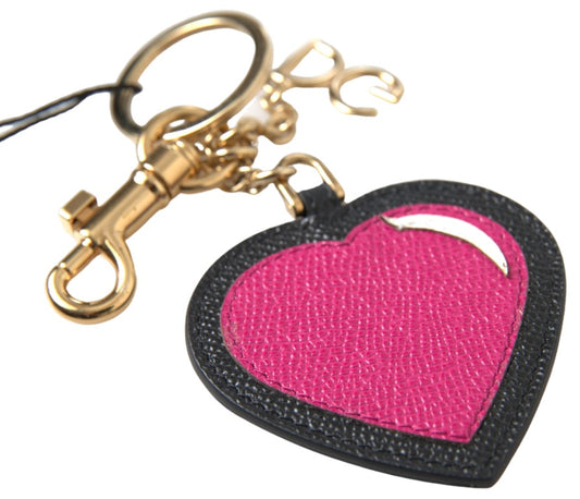 Dolce & Gabbana Black Fuchsia Heart 가죽 골드 금속 키 링 키 체인