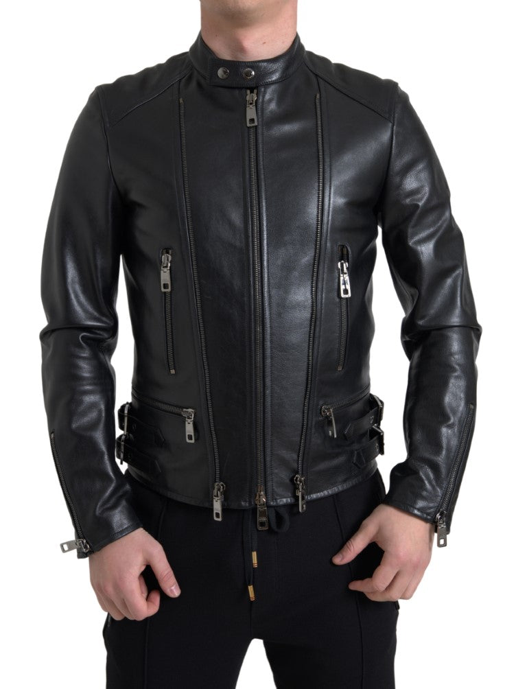 Dolce & Gabbana Black Leder Reißverschluss Mantel Männerjacke