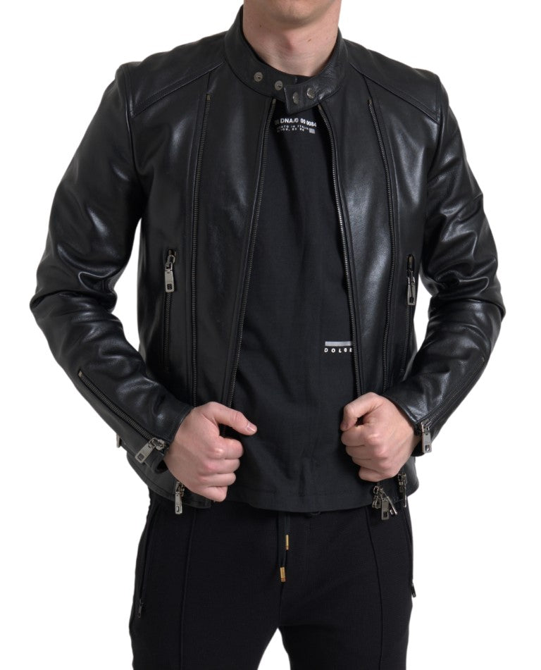 Dolce & Gabbana Black Leder Reißverschluss Mantel Männerjacke