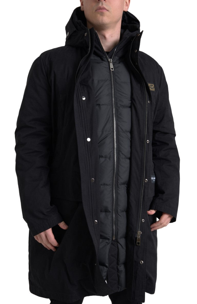 Dolce & Gabbana Schwarzer Parka -Baumwoll -Trenchcoat Jacke mit Kapuzeparka