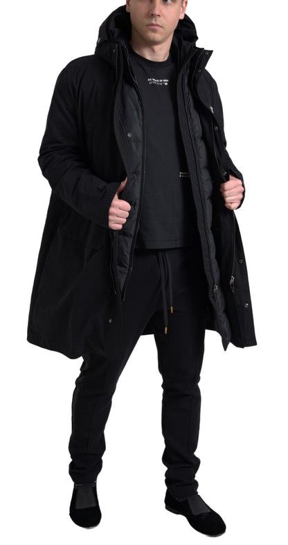 Dolce & Gabbana Schwarzer Parka -Baumwoll -Trenchcoat Jacke mit Kapuzeparka