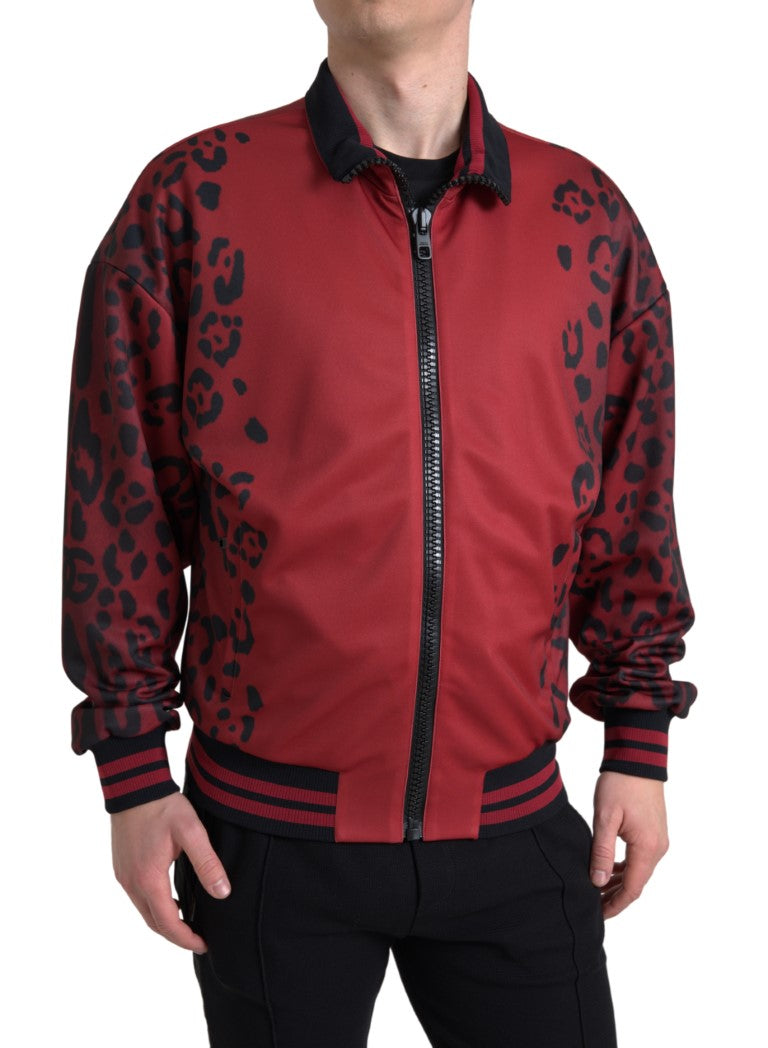 Dolce & Gabbana Red Leopard Polyester Bomber Full Zip 재킷