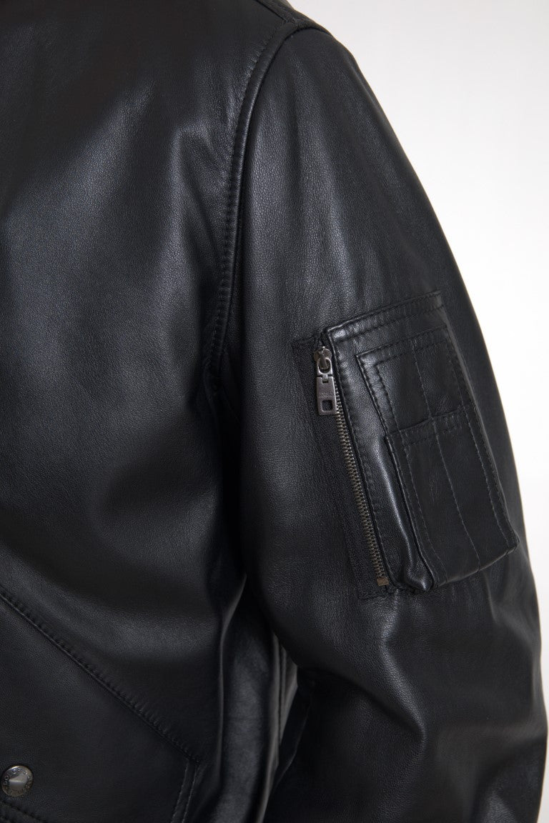 Dolce & Gabbana Black Leather Blouson Full Zip 폭격기 재킷