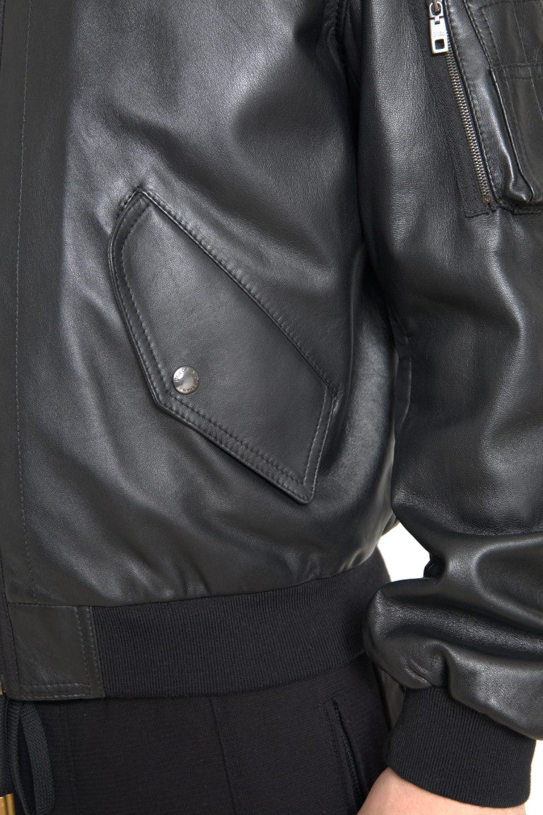 Dolce & Gabbana Black Leather Blouson Full Zip 폭격기 재킷