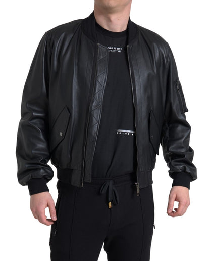 Dolce & Gabbana Black Leather Blouson Full Zip 폭격기 재킷