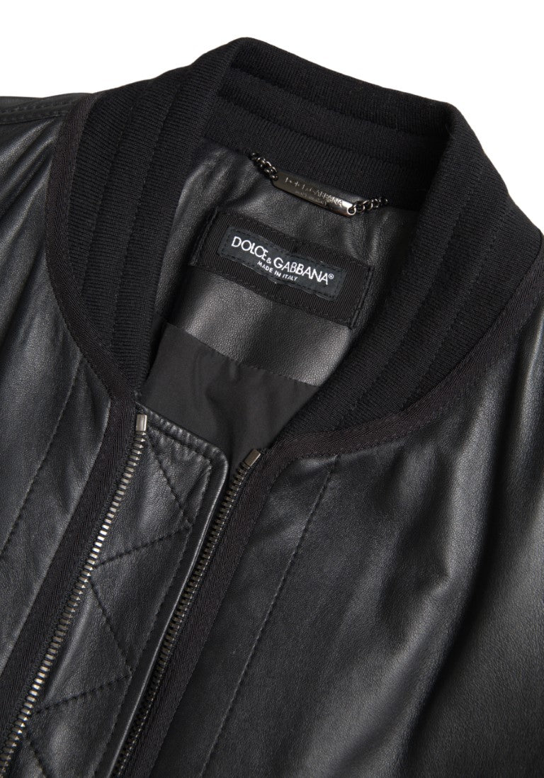 Dolce & Gabbana Black Leather Blouson Full Zip 폭격기 재킷