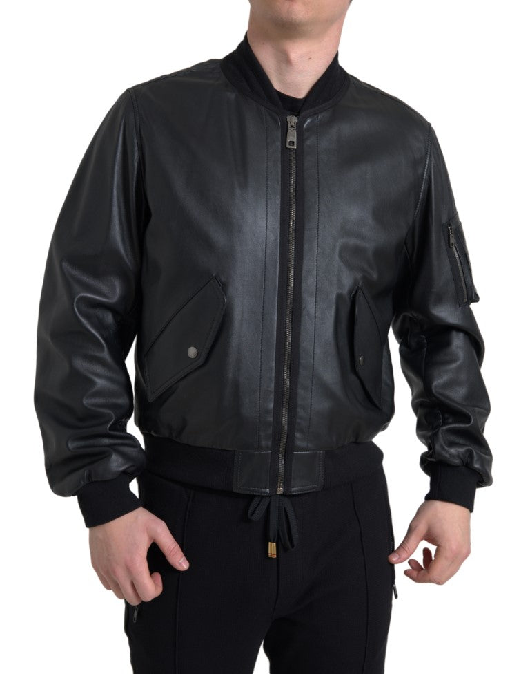 Dolce & Gabbana Black Leather Blouson Full Zip 폭격기 재킷