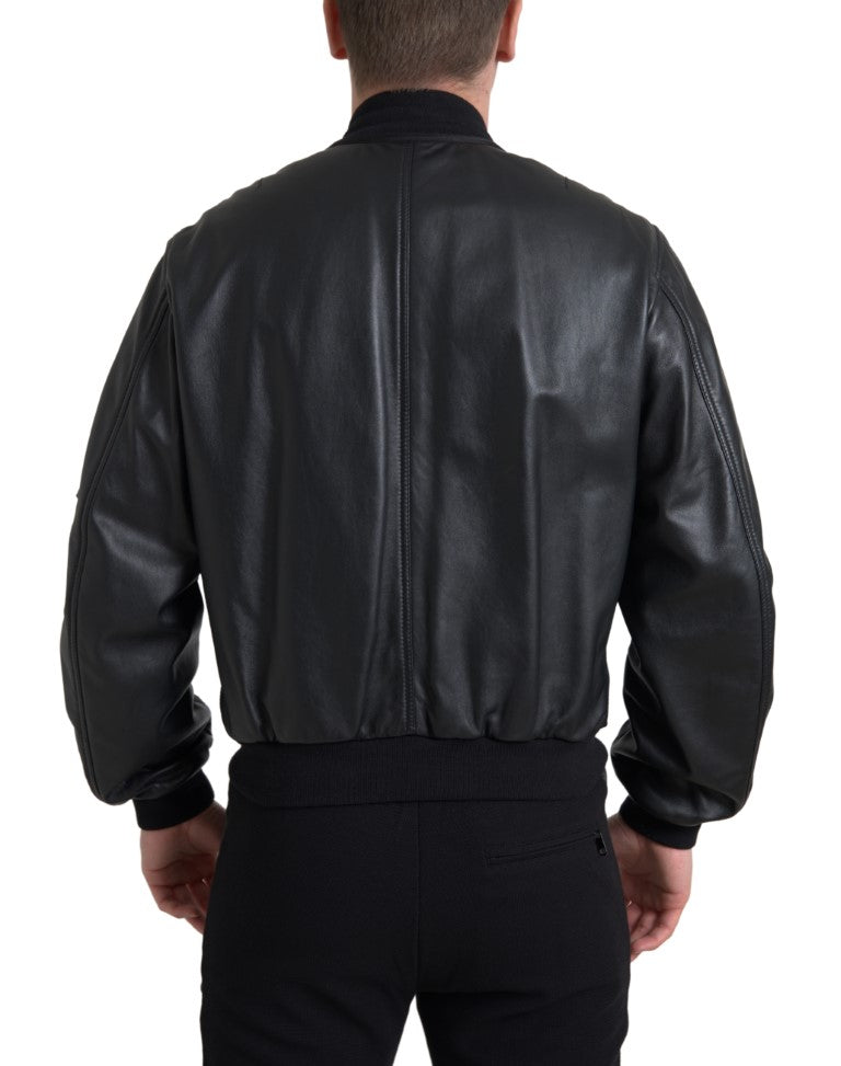 Dolce & Gabbana Black Leather Blouson Full Zip 폭격기 재킷