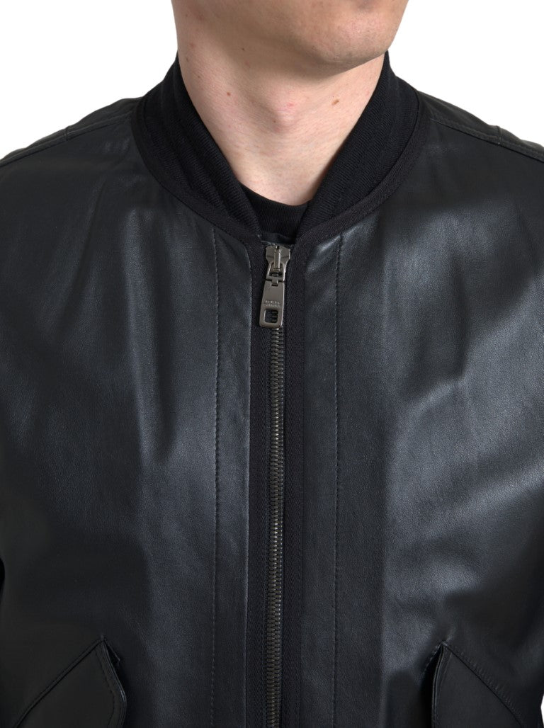 Dolce & Gabbana Black Leather Blouson Full Zip 폭격기 재킷