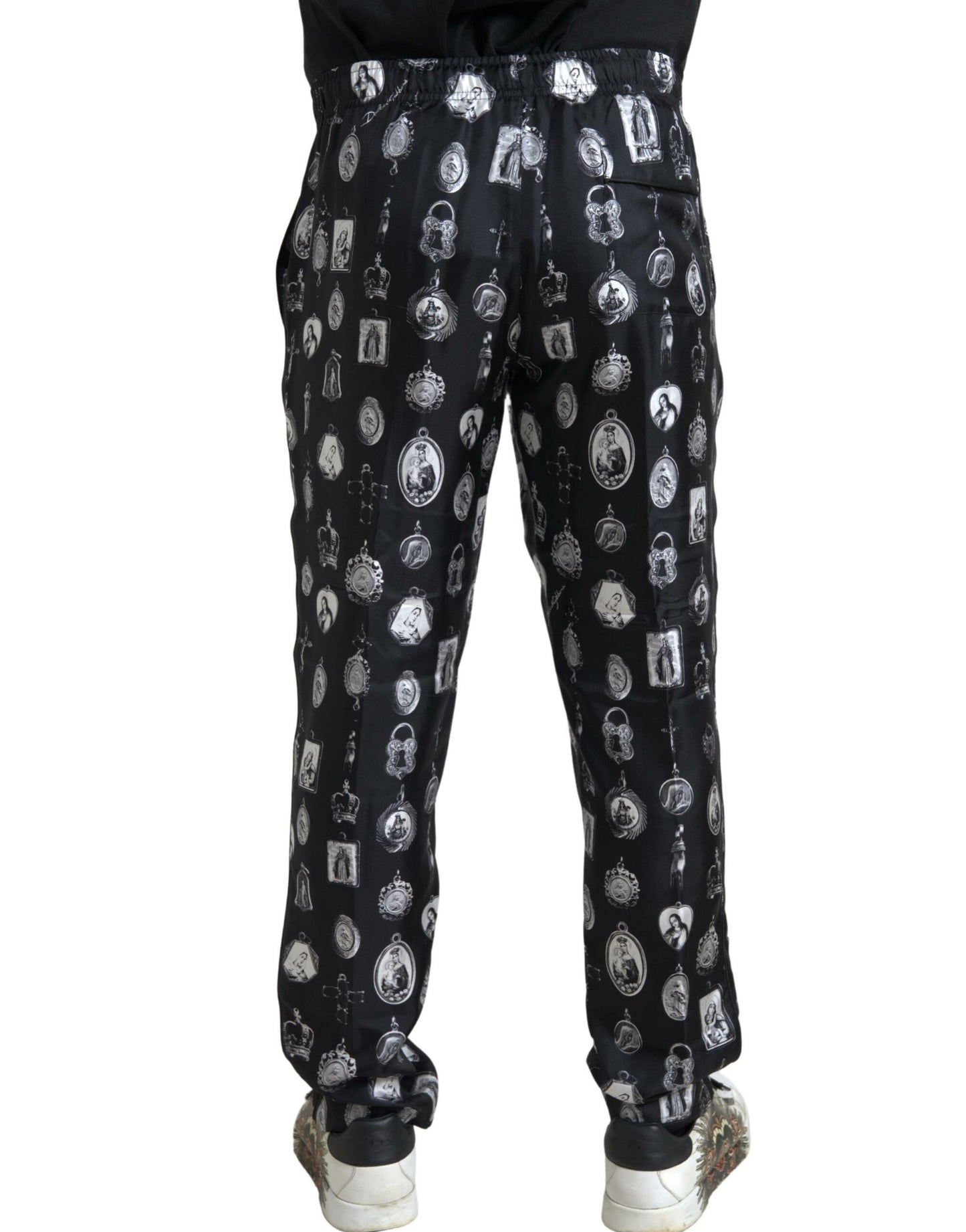 Dolce & Gabbana Schwarzer religiöser Print Joggers Silk Men Hosen