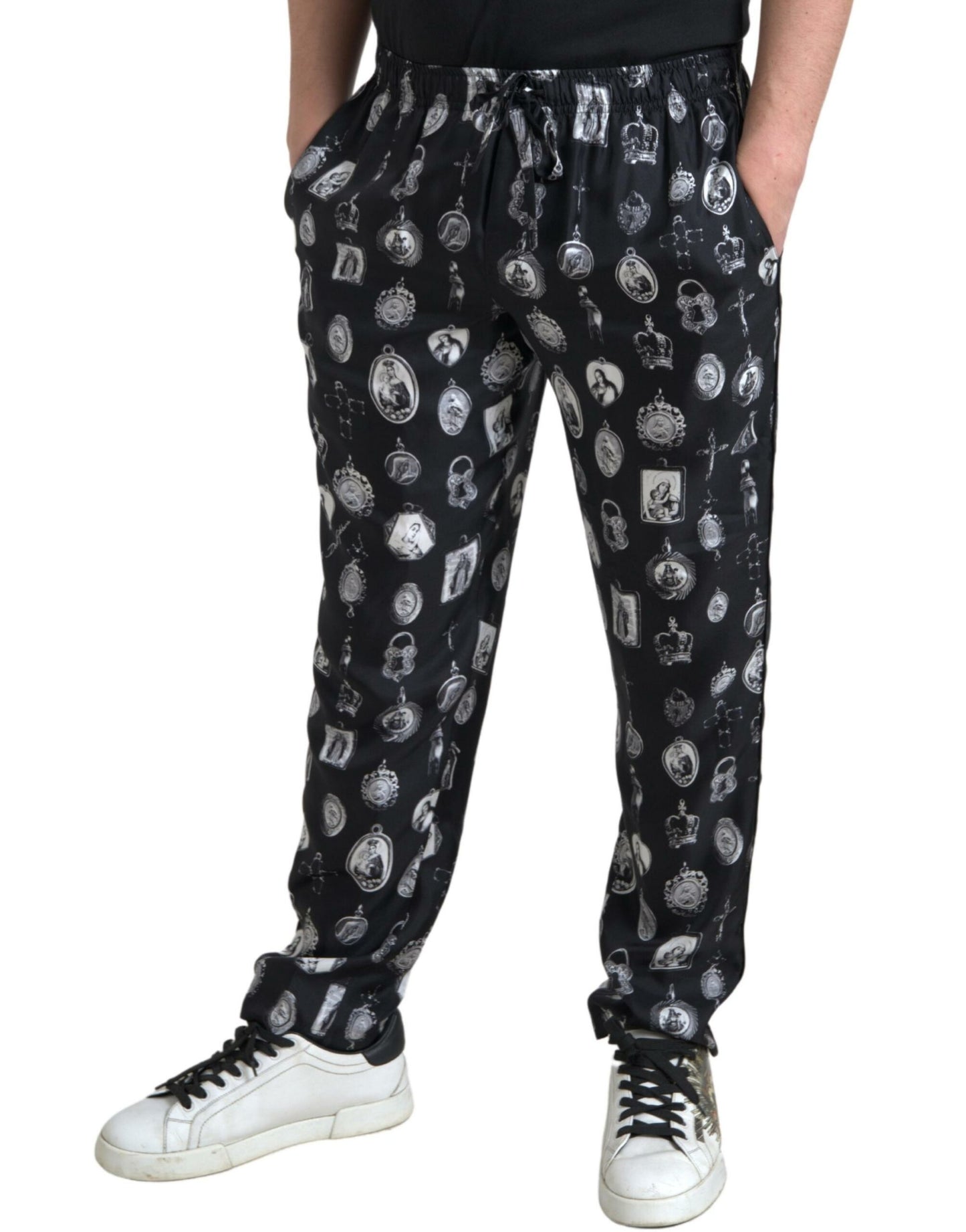 Dolce & Gabbana Schwarzer religiöser Print Joggers Silk Men Hosen