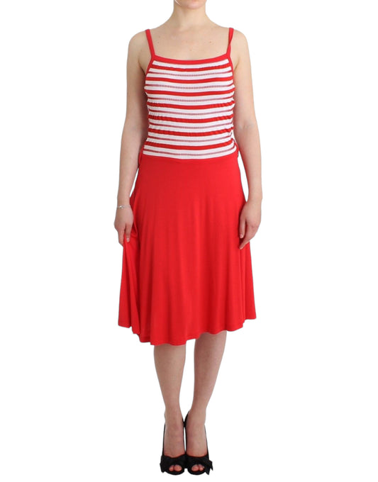 Roccobarocco Red Striped Jersey A-Line Dress