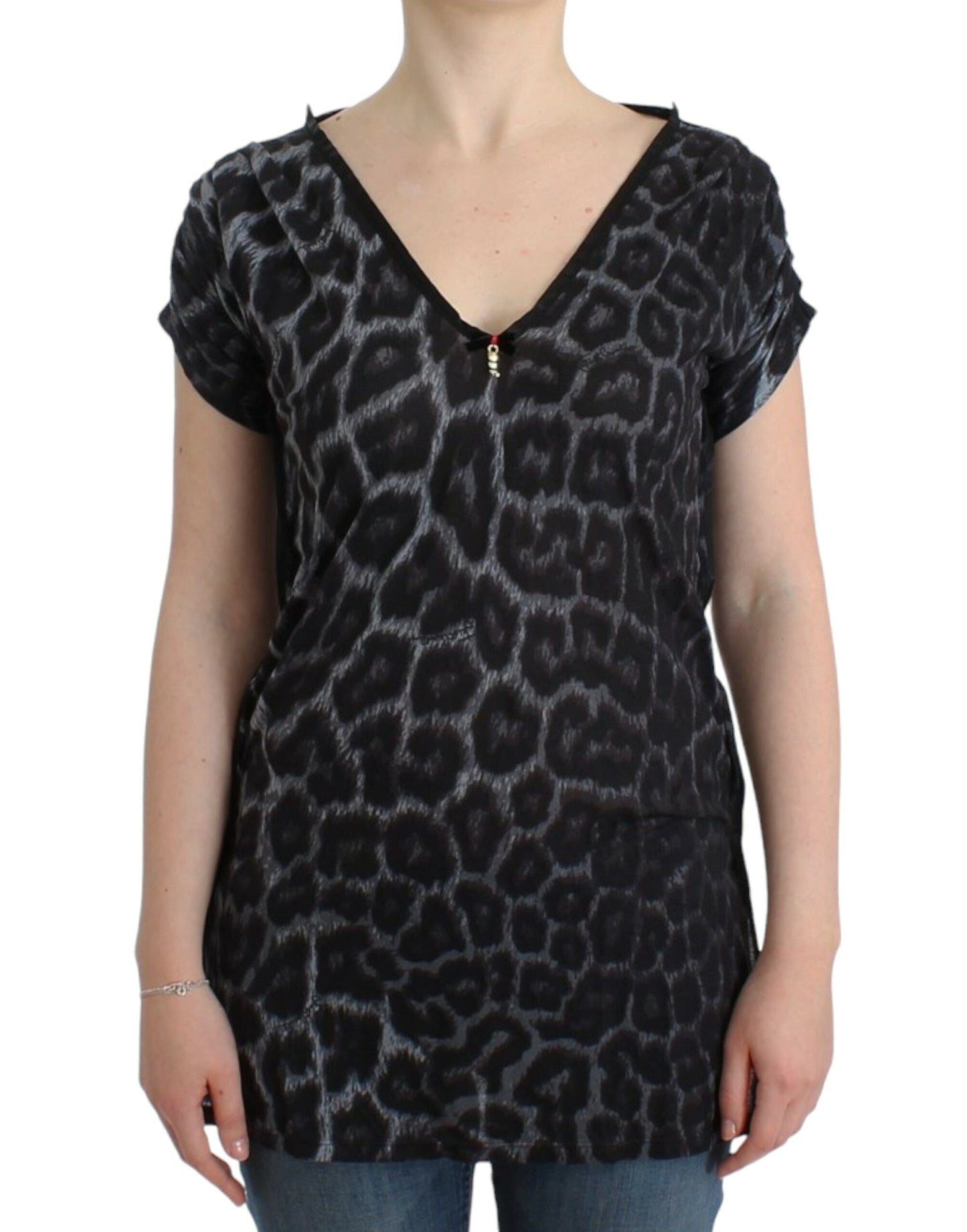 Cavalli Graues Leoparden-Top mit V-Ausschnitt