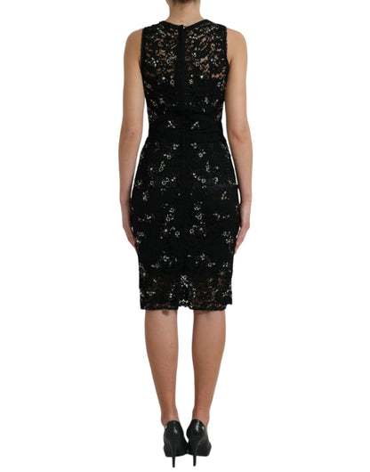 Dolce & Gabbana Exquisite Black Floral Lace Crystal Sheath Dress