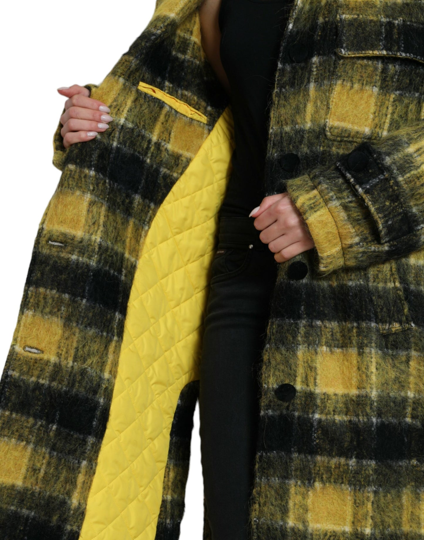 Dolce & Gabbana Chic Plaid Long Coat in Sunshine Yellow