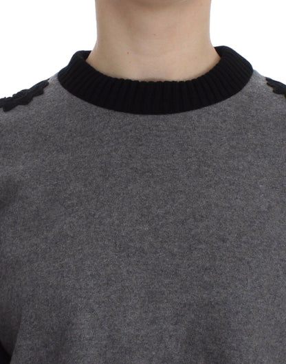 Dolce &amp; Gabbana Grau-schwarzer Woll-Kaschmir-Pullover mit Spitze