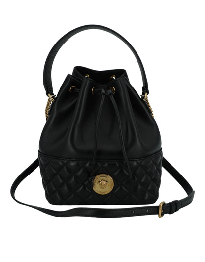 Versace Elegant Black Leather Medusa Bucket Shoulder Bag