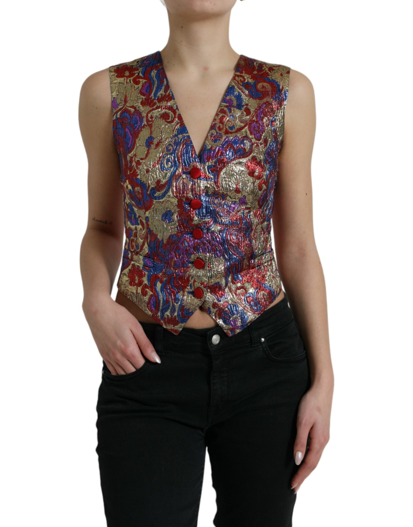 Dolce & Gabbana Multicolor Floral Print Jacquard Waistcoat Vest