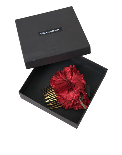 Dolce & Gabbana Red Silk Floral Gold Brass Women Hair Comb