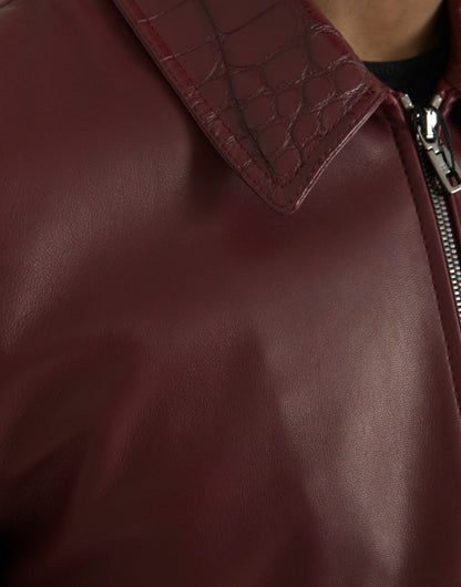 Dolce & Gabbana Maroon Exotic Leather Zip Biker Coat Jacket