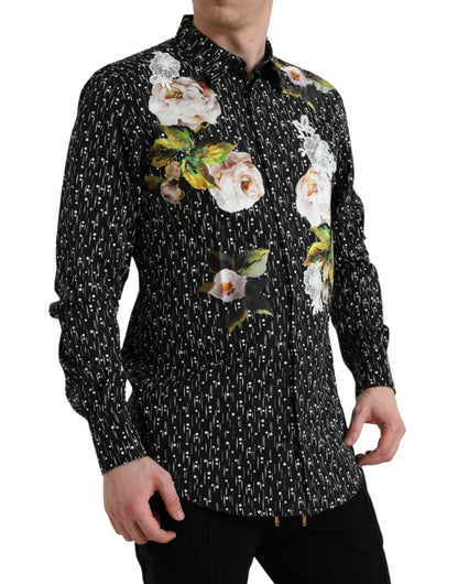 Dolce & Gabbana Black Floral Men Formal Dress GOLD Shirt