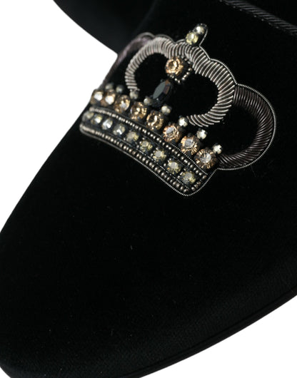 Dolce & Gabbana Black Velvet Crystal Crown Men Loafers Shoes