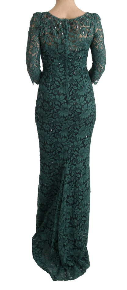 Dolce & Gabbana Green Floral Crystal Ricamo Sheath Dress