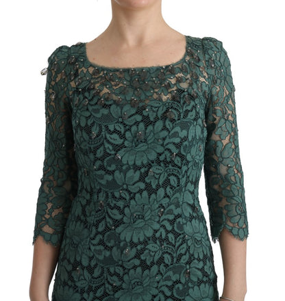 Dolce & Gabbana Green Floral Crystal Ricamo Sheath Dress