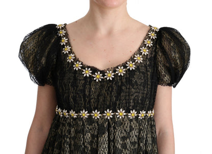 Dolce & Gabbana Black Yellow Crystal Lace Shift Dress