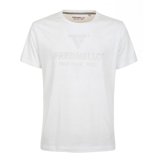 Fred Mello Crisp White Cotton Crewneck Tee with Front Design