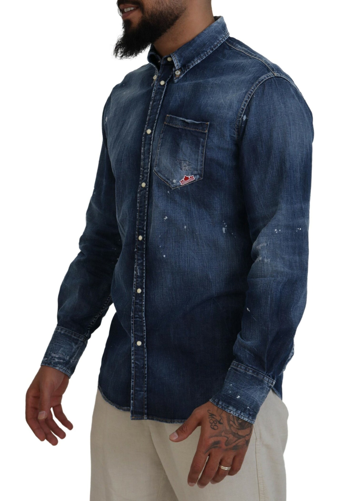 Dsquared² Blue Washed Collared Men Casual Long Sleeves Shirt