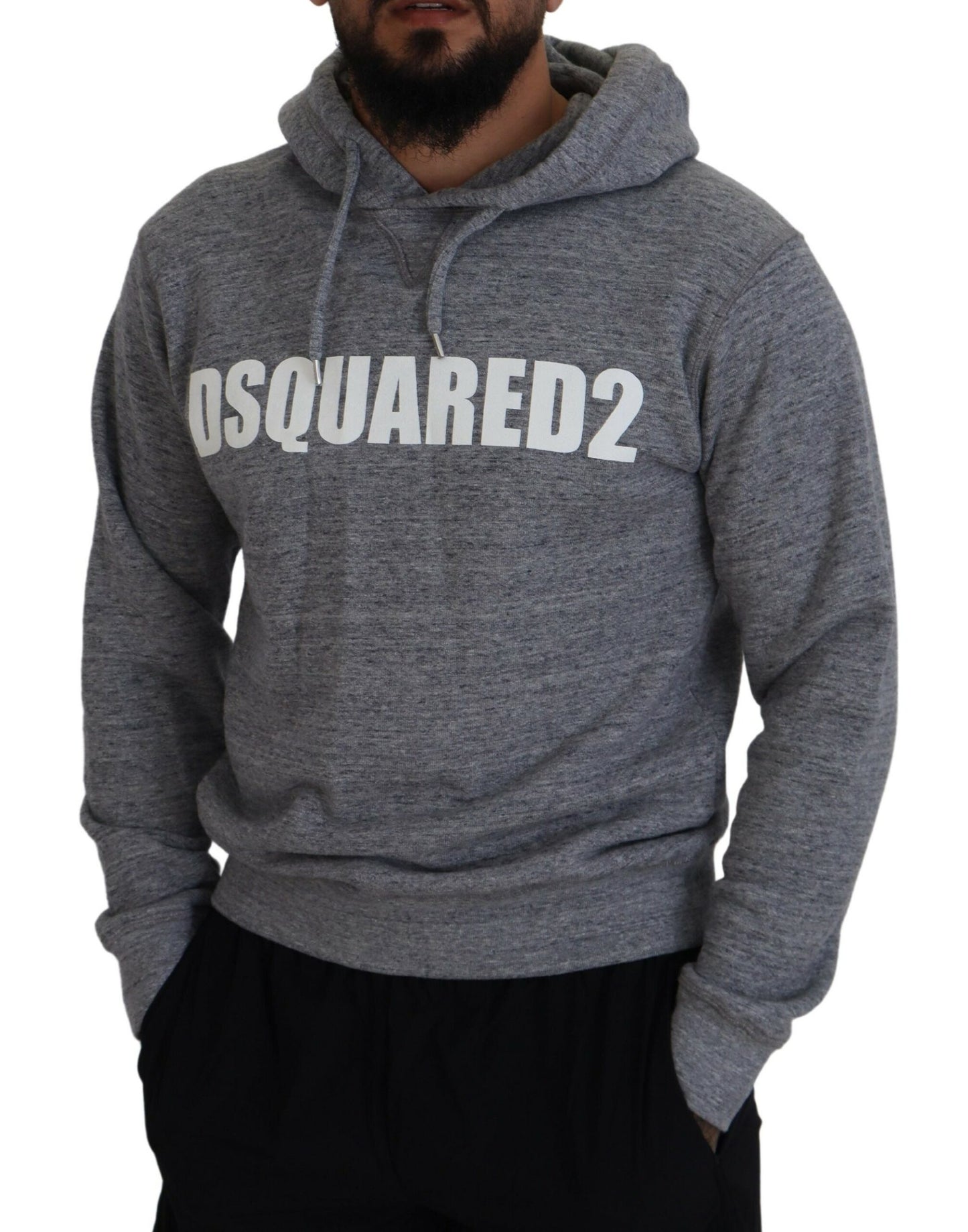 Dsquared² Gray Cotton Hooded Logo Print Men Pullover Sweater