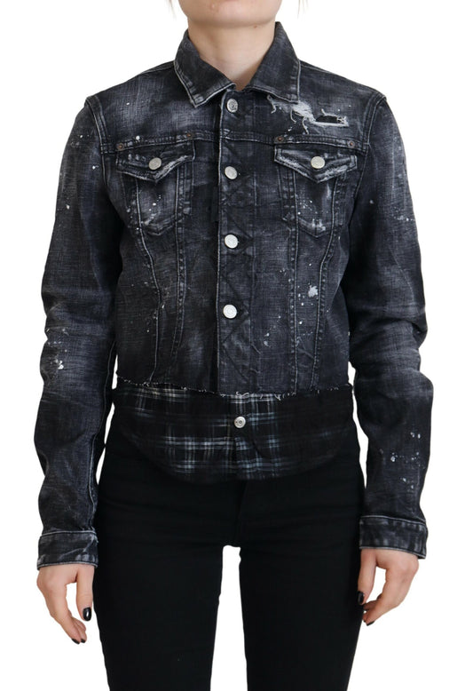 Dsquared² Gray Washed Cotton Distressed Denim Jacket