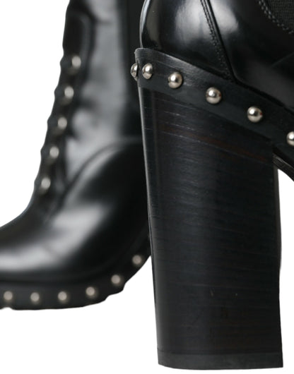 Dolce & Gabbana Black Leather Studded Lace Up Boots Shoes