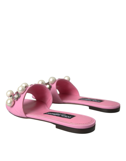 Dolce & Gabbana Pink Embellished Leather Flats Sandals Shoes