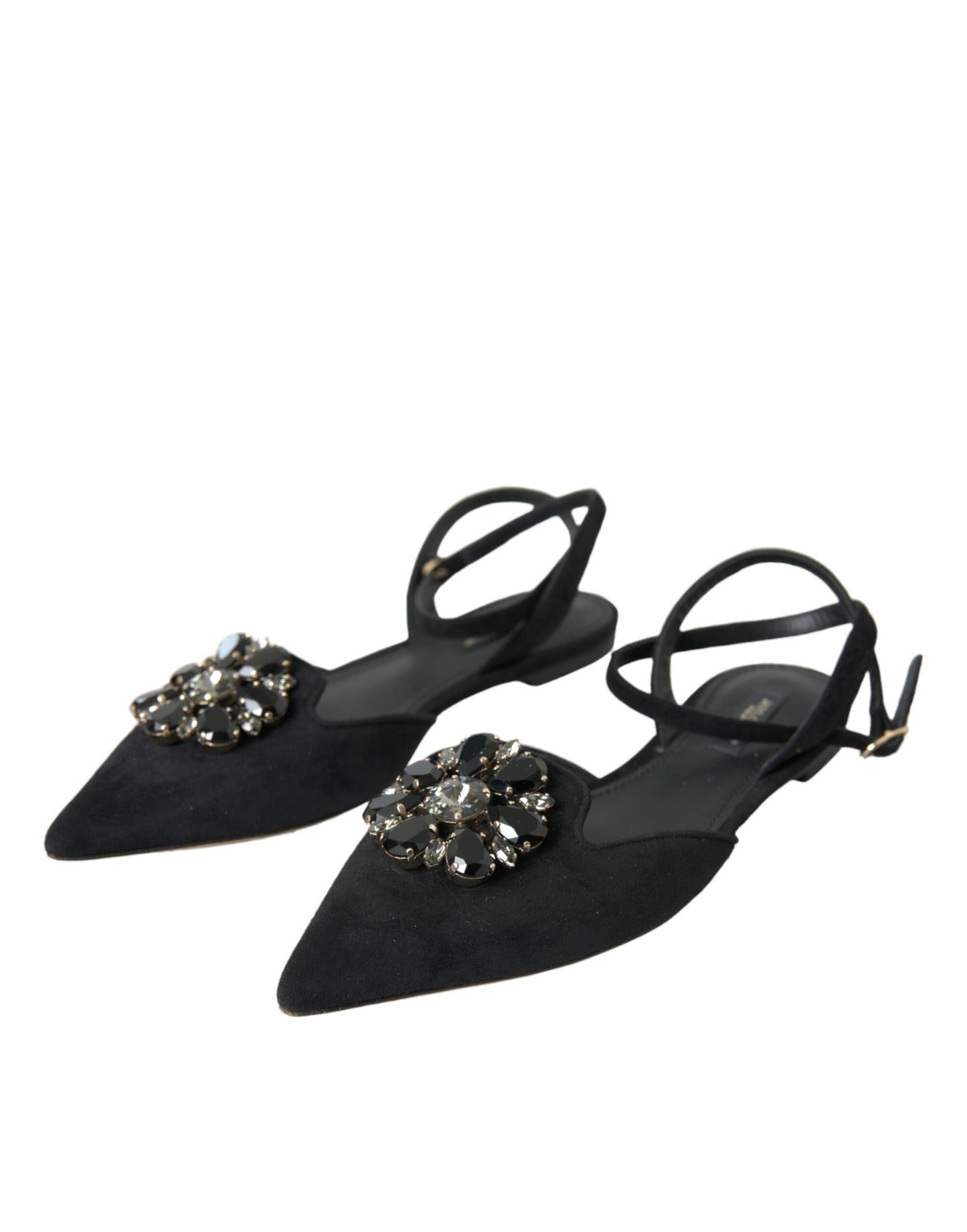 Dolce & Gabbana Black Leather Crystal Slingback Sandals Shoes