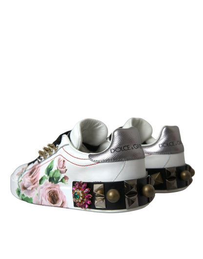 Dolce & Gabbana White Leather Crystal Roses Floral Sneakers Shoes