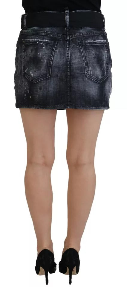 Dsquared² Black Distressed Mid Waist A-line Denim Mini Skirt