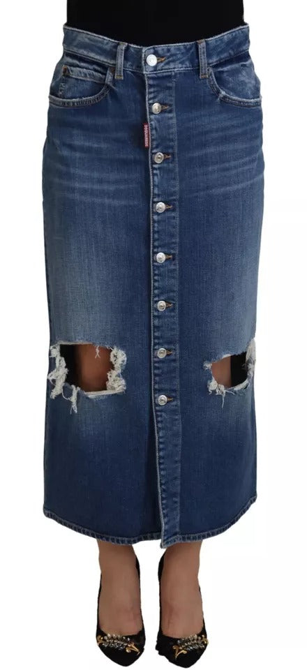 Dsquared² Blue Distressed High Waist Pencil Cut Denim Skirt