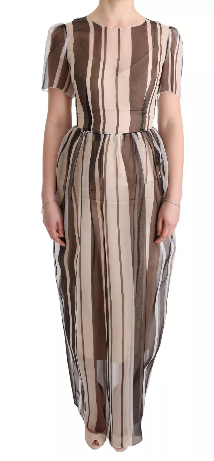 Dolce & Gabbana Beige Brown Striped Silk Sheath Dress