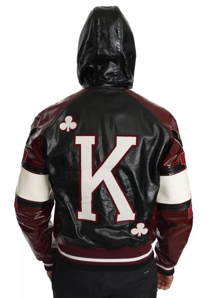 Dolce & Gabbana Black Bordeaux Hooded Leather DG King of Love Jacket