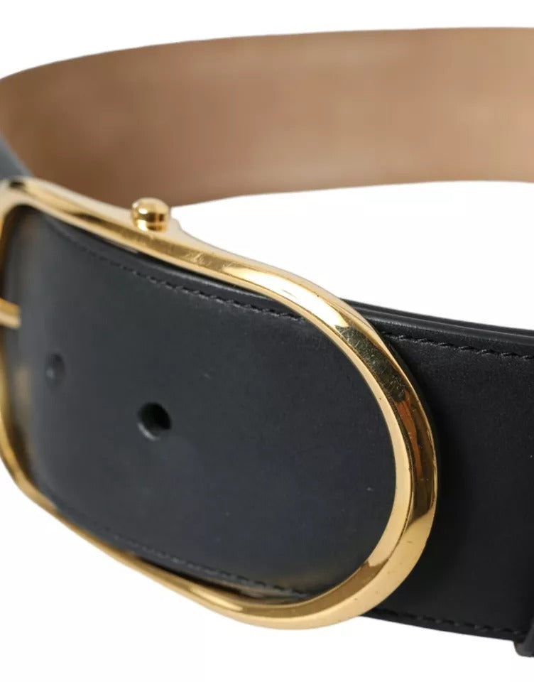 Dolce & Gabbana Black Leather Gold Oval Metal Buckle Belt