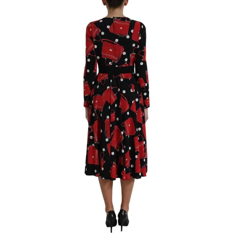 Dolce & Gabbana Black Sicily Bag Print Flared Midi Dress