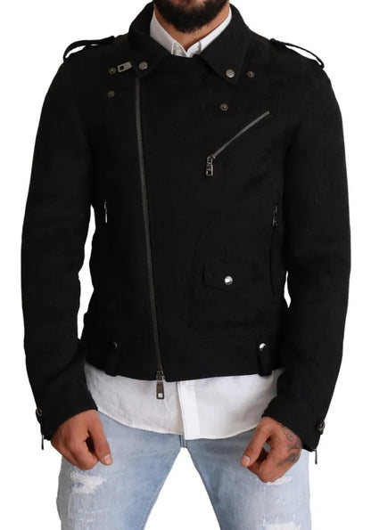 Dolce & Gabbana Black Brocade Full Zip Biker Coat Jacket