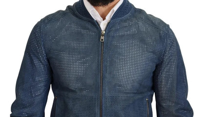 Dolce & Gabbana Blue Leather Perforated Full Zip Jacket