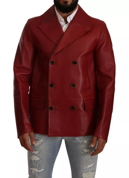 Dolce & Gabbana Red Double Breasted Leather Coat Jacket