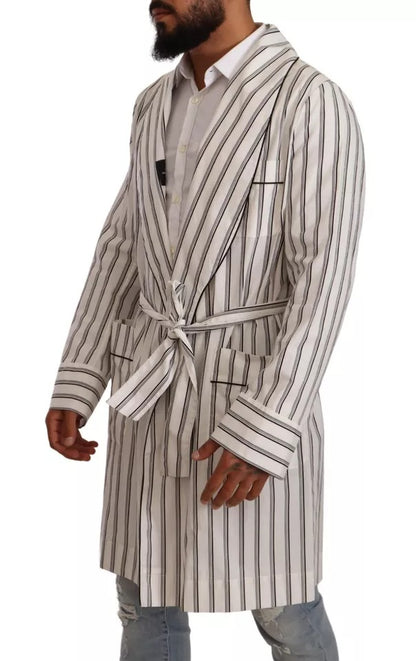 Dolce & Gabbana White Striped Cotton Robe Coat Wrap Jacket