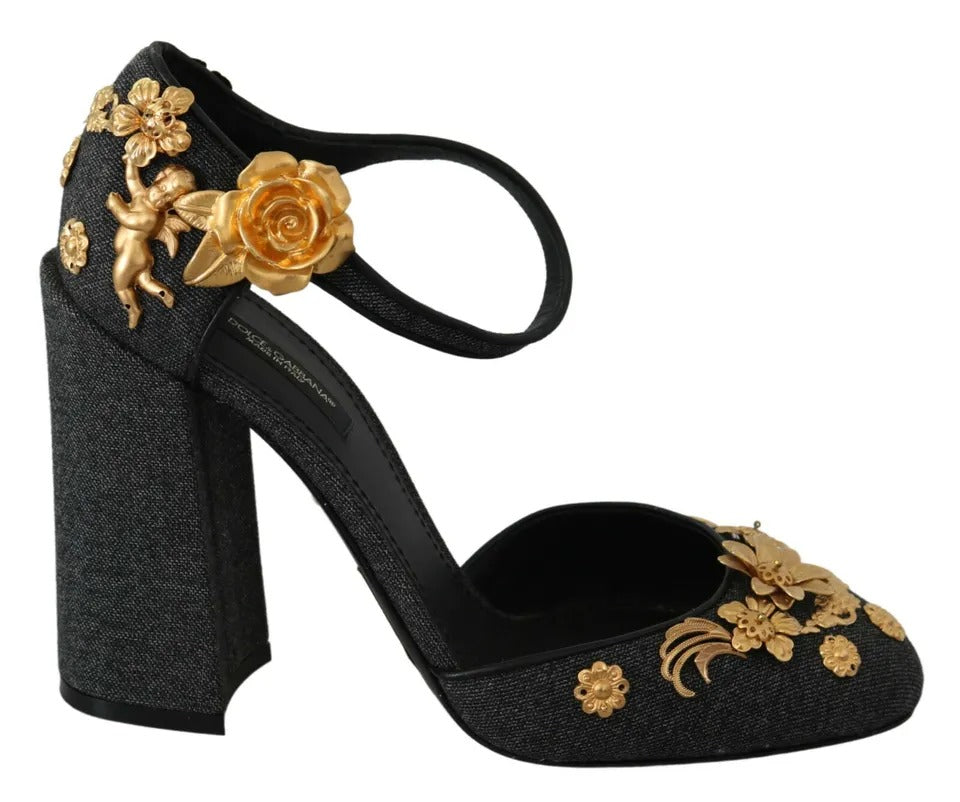 Dolce & Gabbana Black Floral Angel Applique Ankle Strap Pumps Shoes