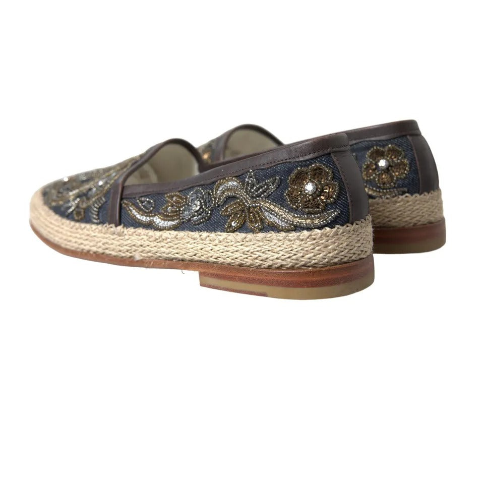 Dolce & Gabbana Blue Embroidered Denim Men Espadrilles Shoes